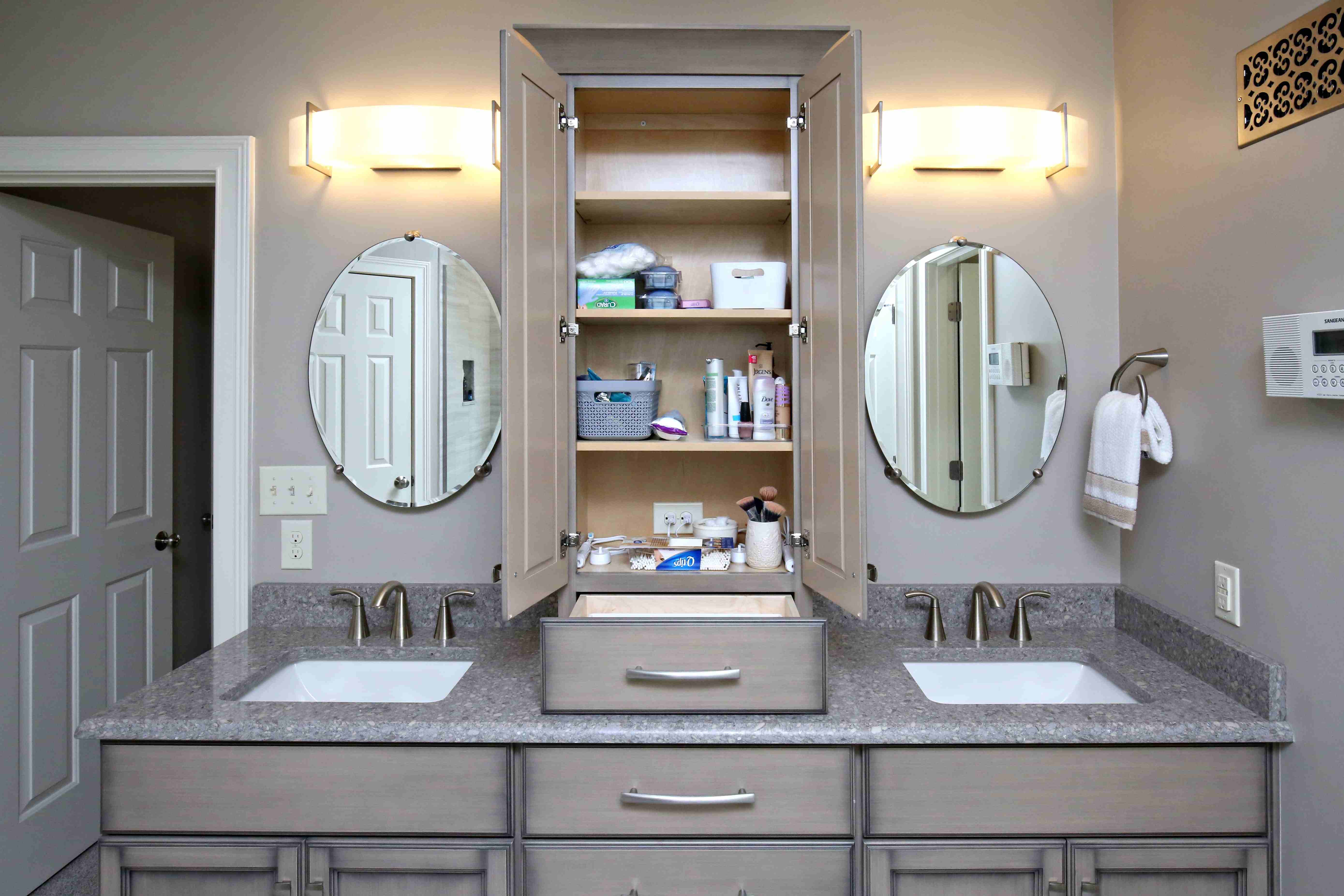 Gray Contemporary Master Bathroom Remodel in Louisville KY with full middle cabinet_11zon