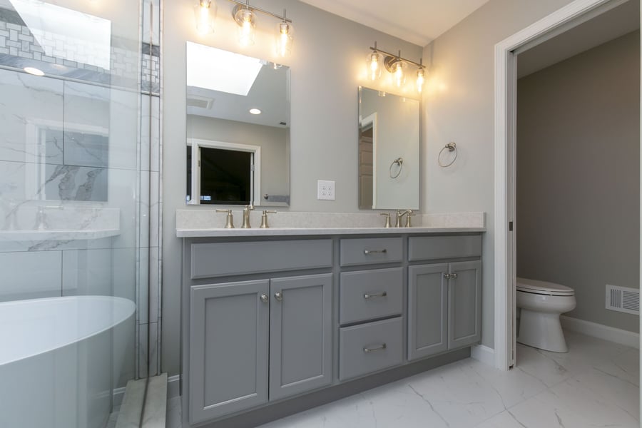 Grey Double Vanity with Two Rectangle Mirrors